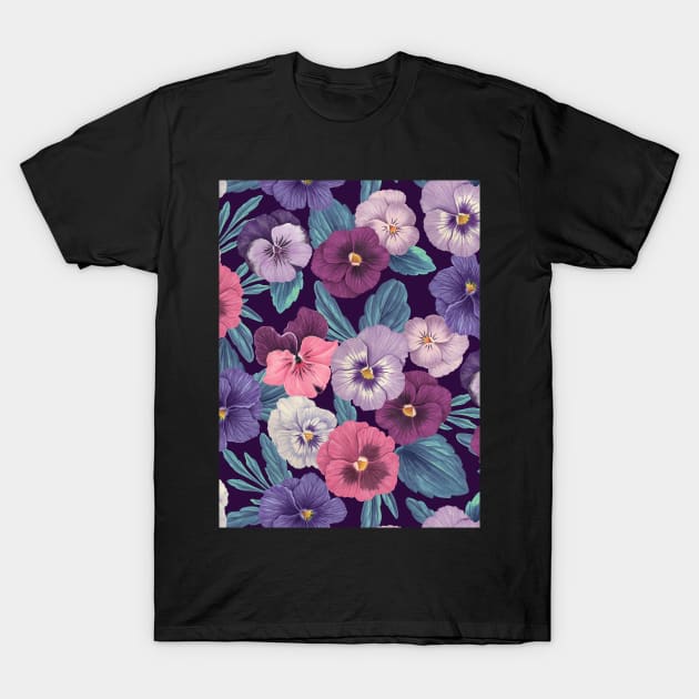 Colorful pansies on deep violet T-Shirt by katerinamk